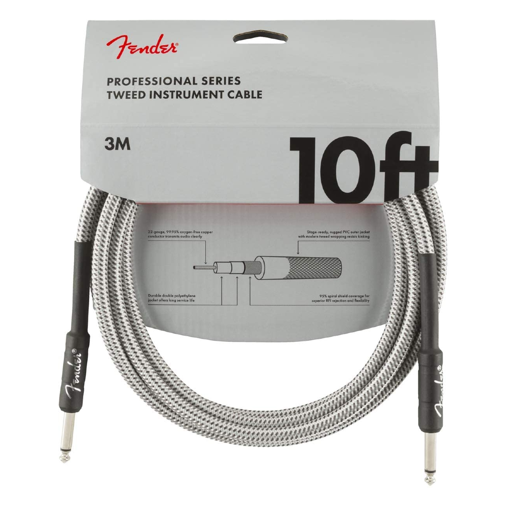 Fender Professional 10' Instrument Cable - White Tweed - 1/4 Inch Straight (990820063)