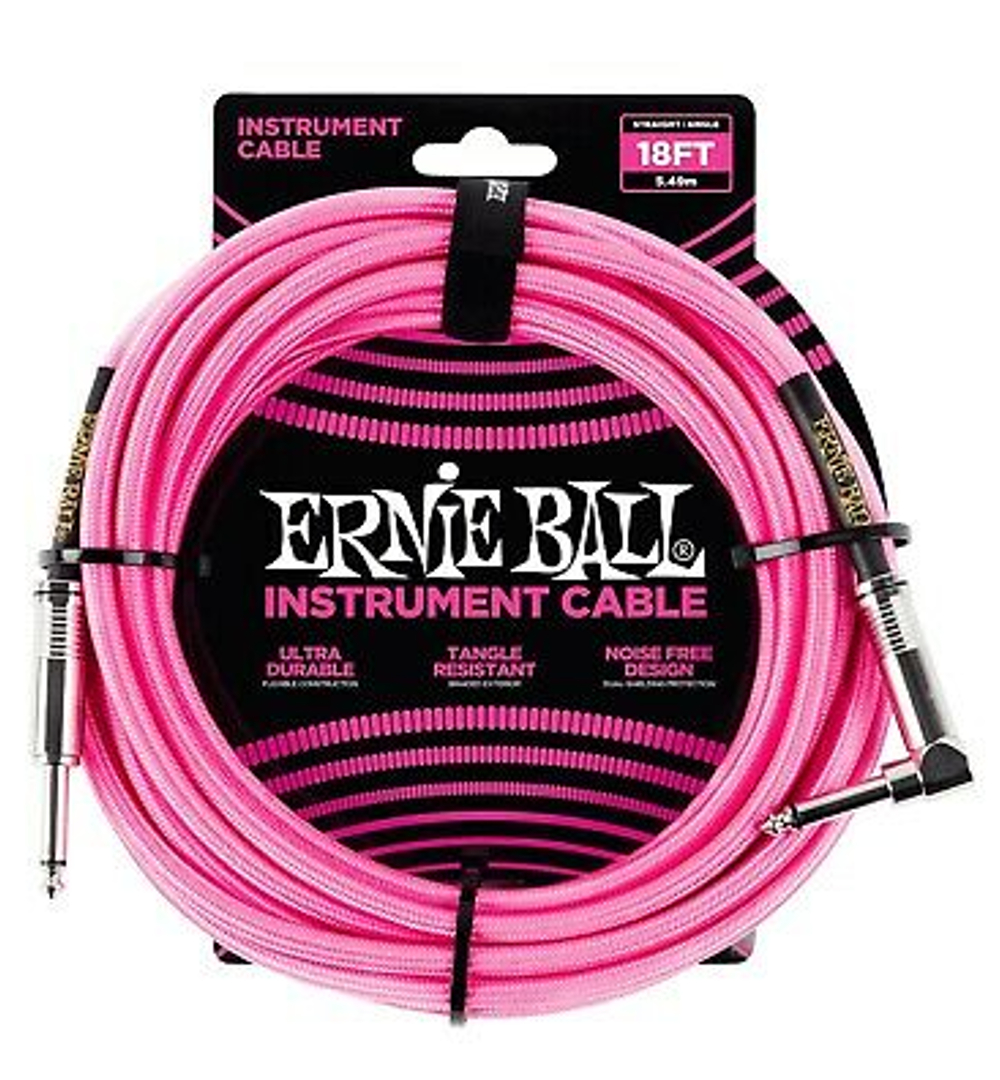 ERNIE BALL 6083 GUITAR INSTRUMENT CABLE 18FT BRAIDED STRAIGHT/ANGLE NEON PINK