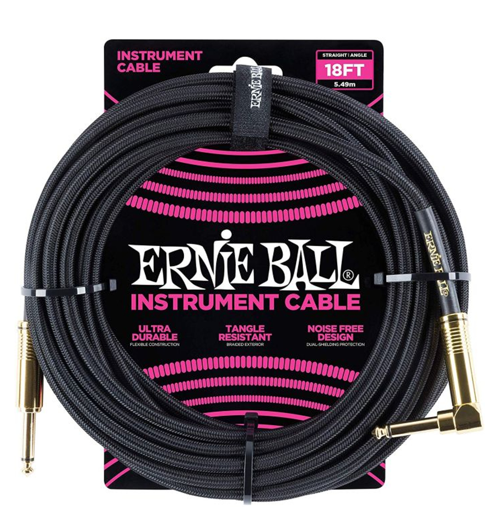 Ernie Ball 6086 18 ft. Braided Straight Angle Guitar Instrument Cable (Black w/ Gold Tips)