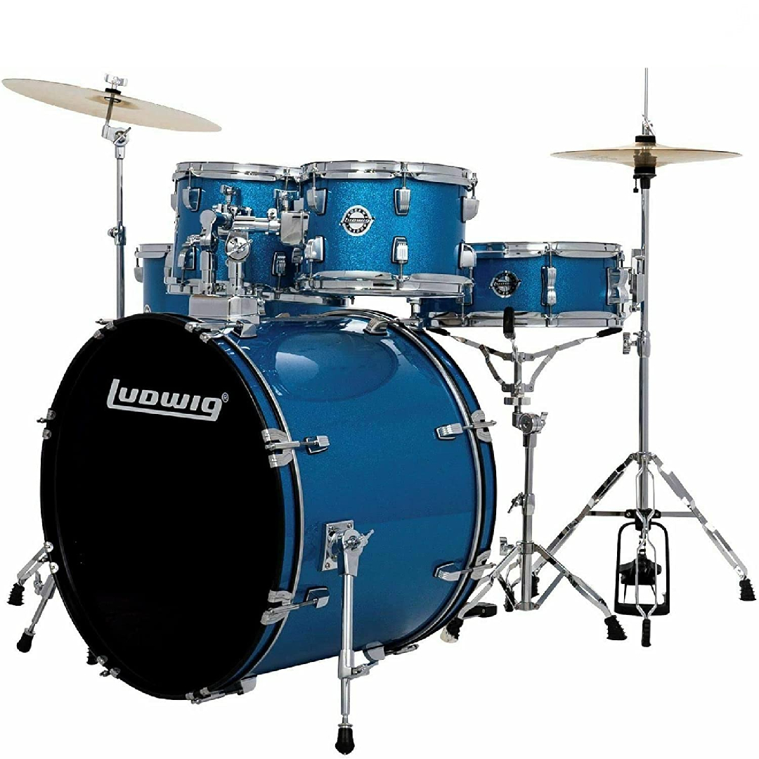 Ludwig Accent 5-piece Complete Drum Set with 22 inch Bass Drum and Wuhan Cymbals (Blue Sparkle)