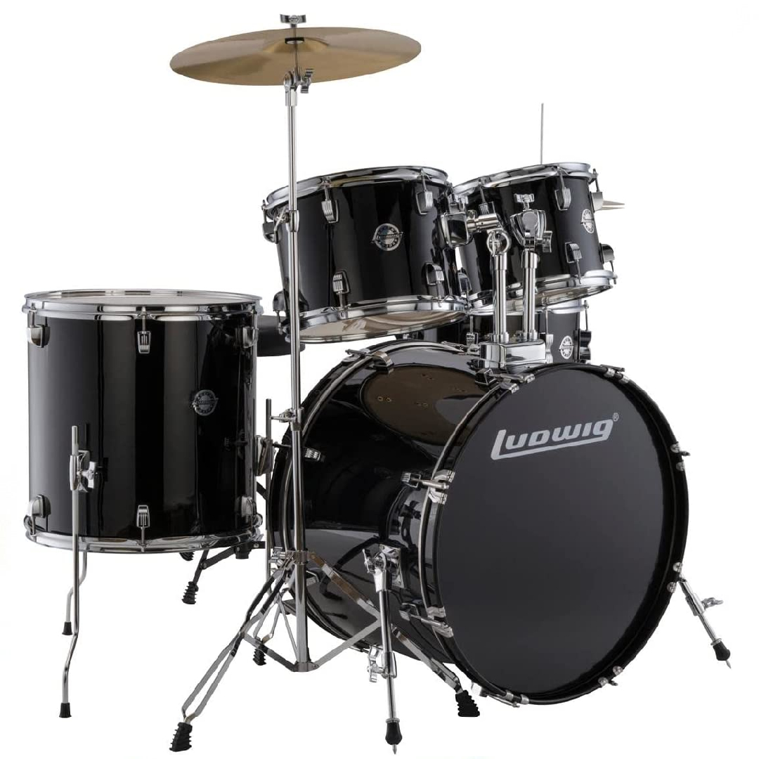 Ludwig Accent 5-piece Complete Drum Set with 22 inch Bass Drum and Wuhan Cymbals (Black Sparkle)