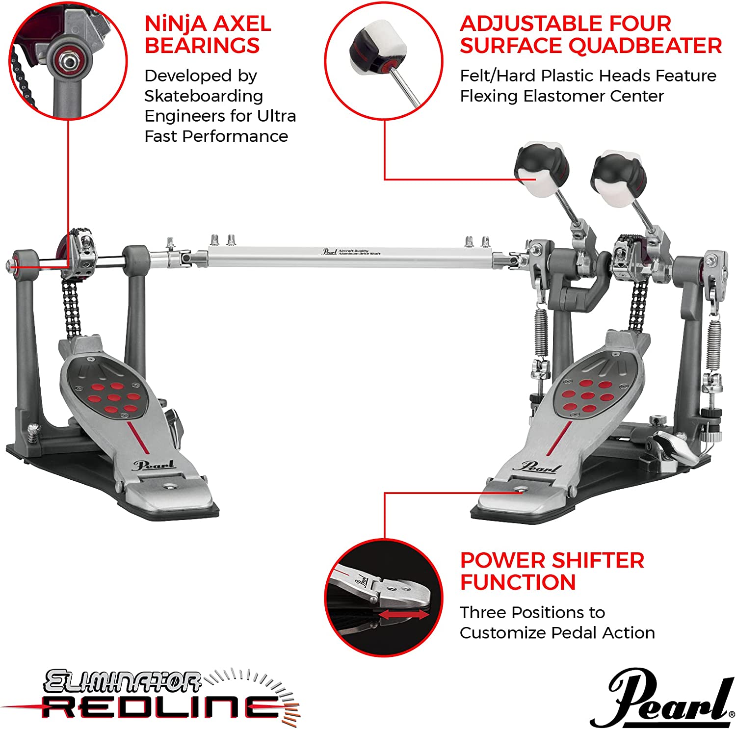Pearl P2052C Eliminator Redline Double Bass Drum Pedal-Chain Drive