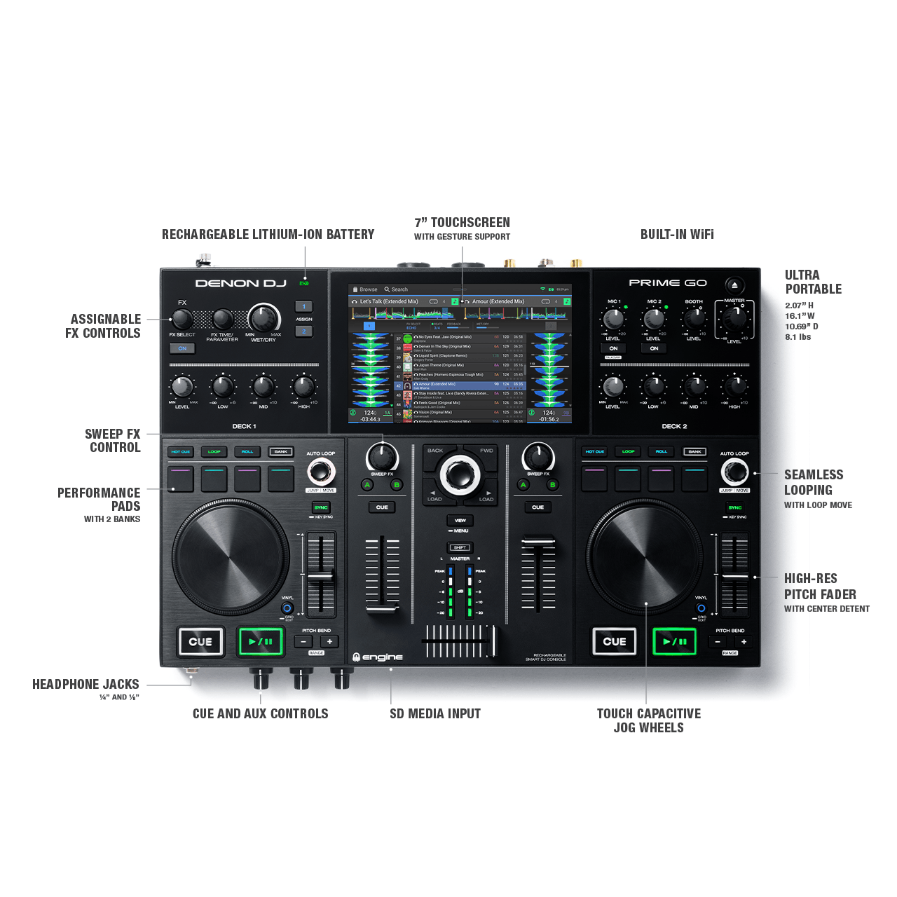 Denon DJ 2-Deck Rechargeable Smart DJ Console with 7-inch Touchscreen