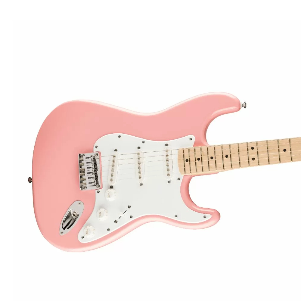 Squier FSR Sonic Stratocaster HT Electric Guitar w/White Pickguard, Maple FB, Shell Pink (373252556)