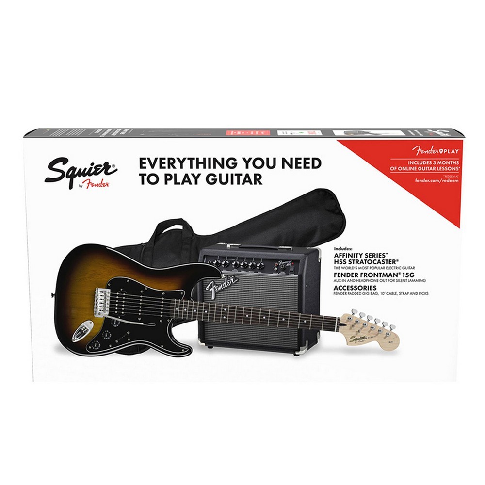 Squier by Fender Affinity Series Stratocaster Pack with Gig Bag 15G - 230V EU (Black Sunburst) (HSS) (Laurel Fretboard)