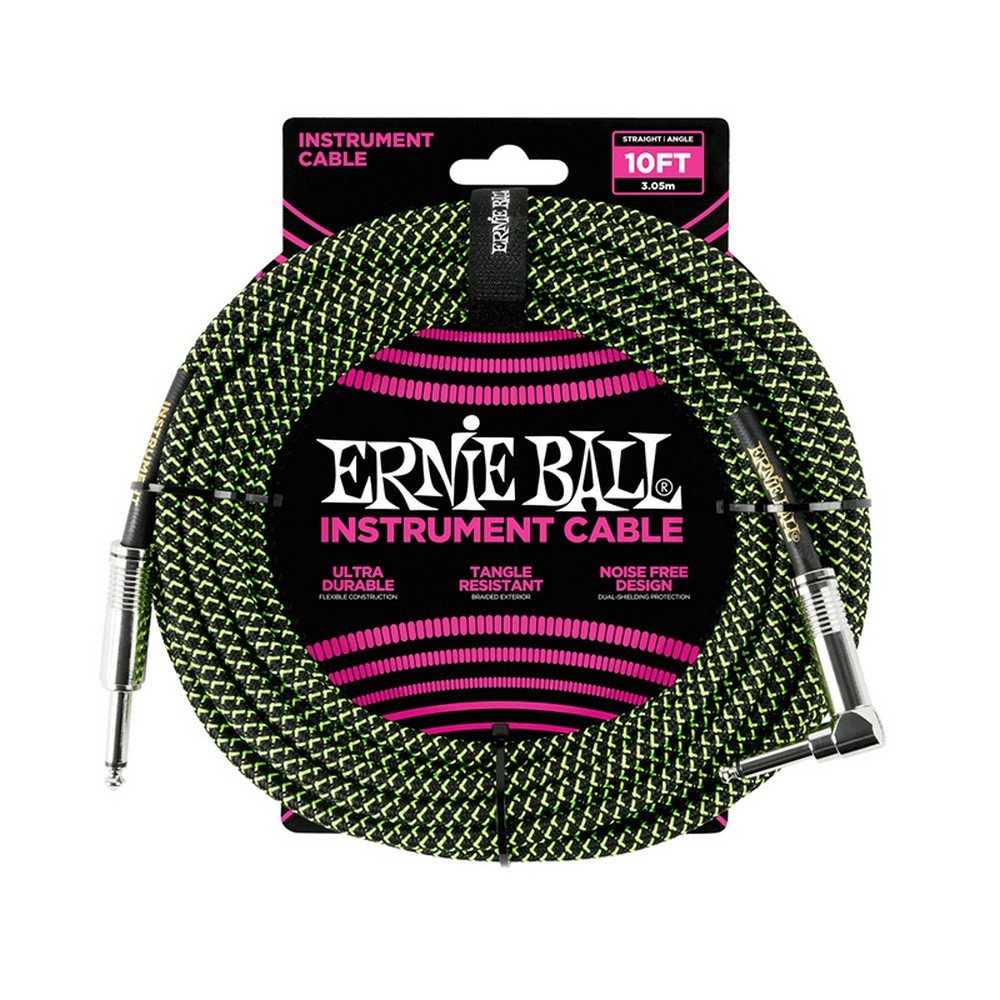 Ernie Ball 6077 10 ft.' Braided Straight / Angle Instrument Cable (Black and Green)