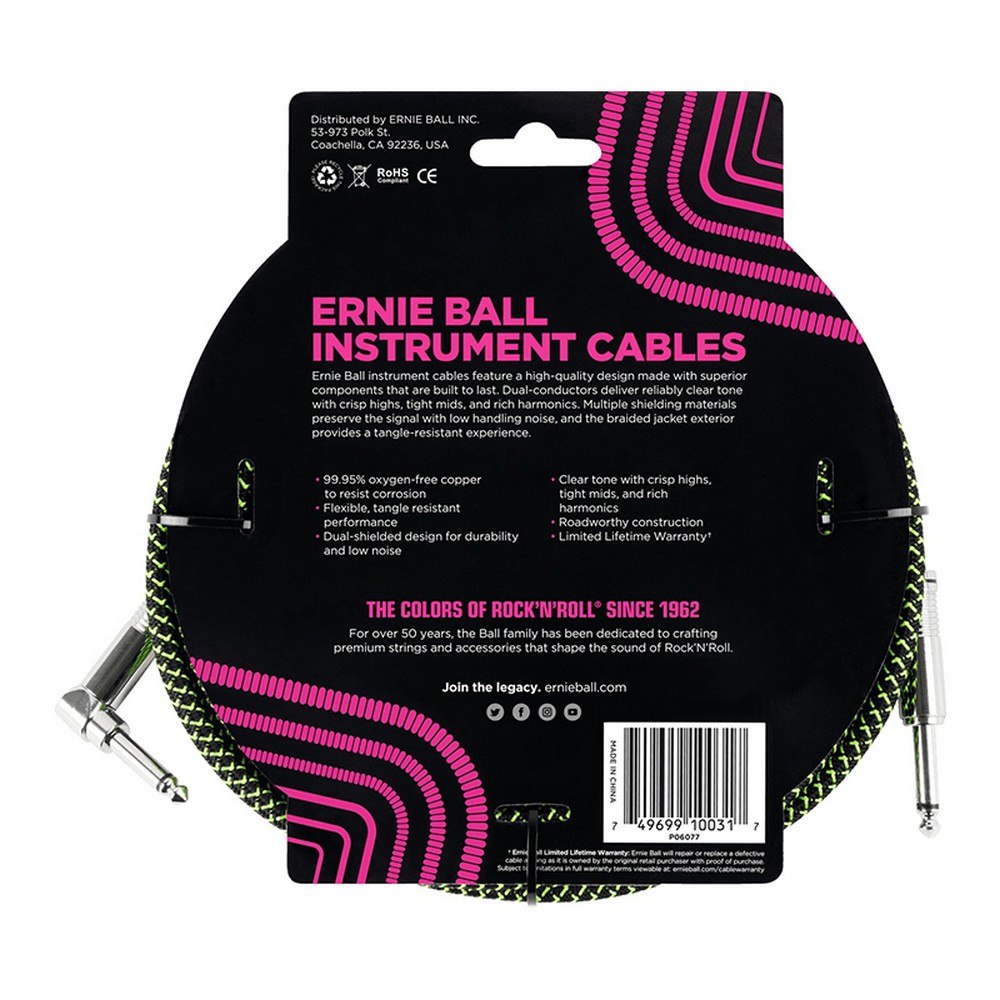 Ernie Ball 6077 10 ft.' Braided Straight / Angle Instrument Cable (Black and Green)