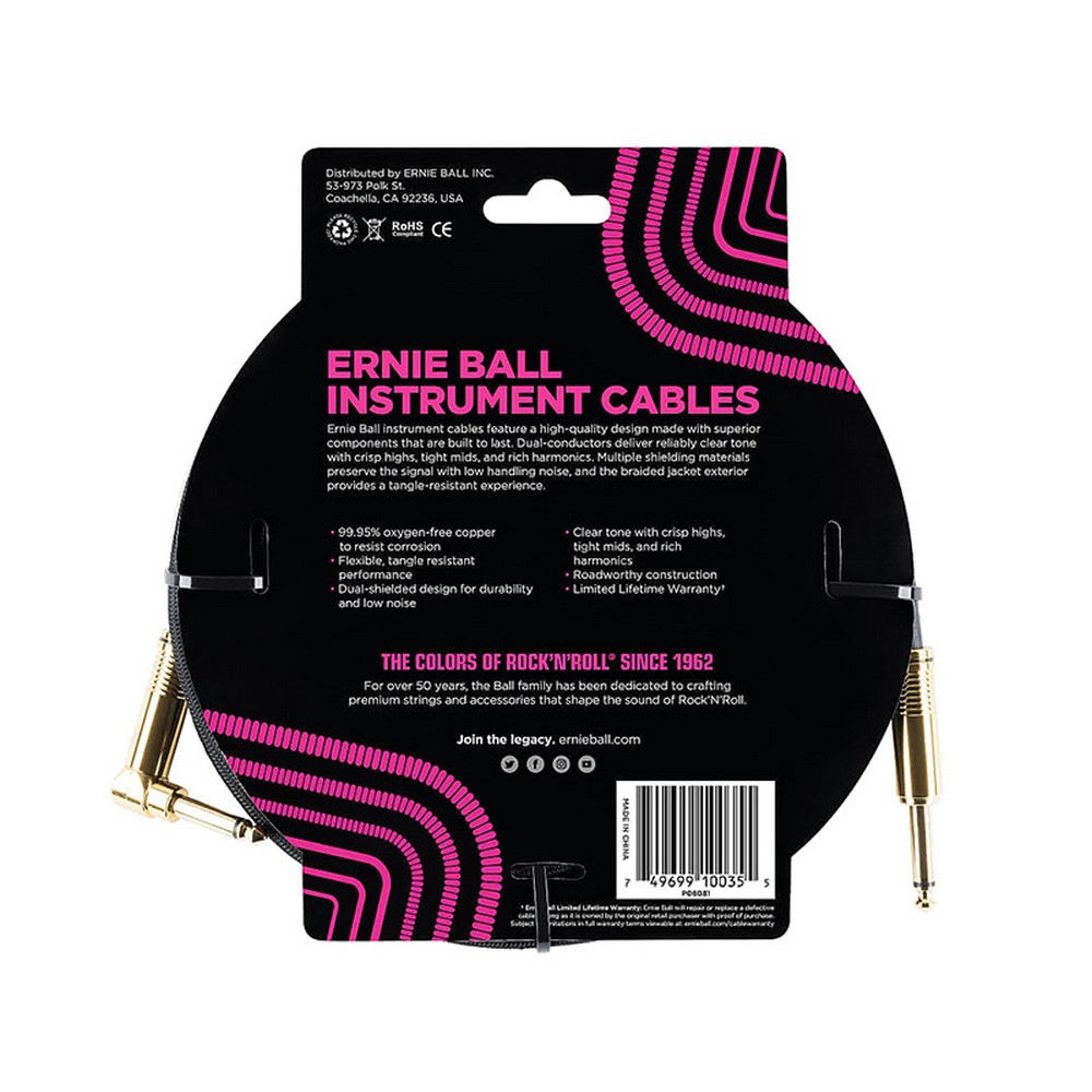 Ernie Ball 6081 Guitar Instrument Cable 10 ft. Braided Straight/Angle (Black)