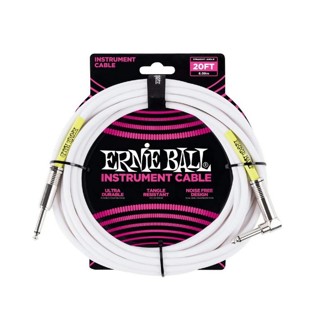 ERNIE BALL 6047 20FT. WHITE INSTRUMENT CABLE WITH 1 RIGHT ANGLE
