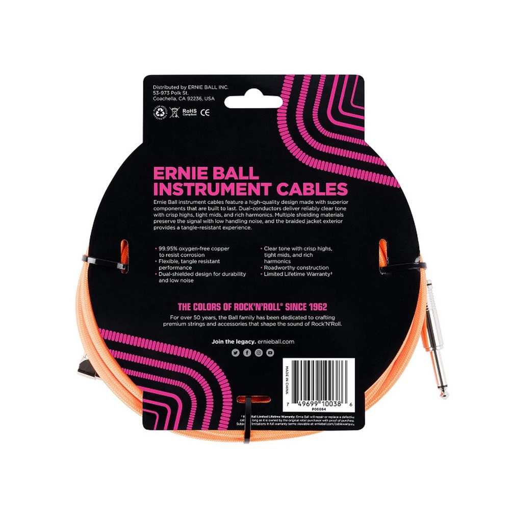Ernie Ball 18 ft. Braided Straight / Angle Instrument Cable (Neon Orange)