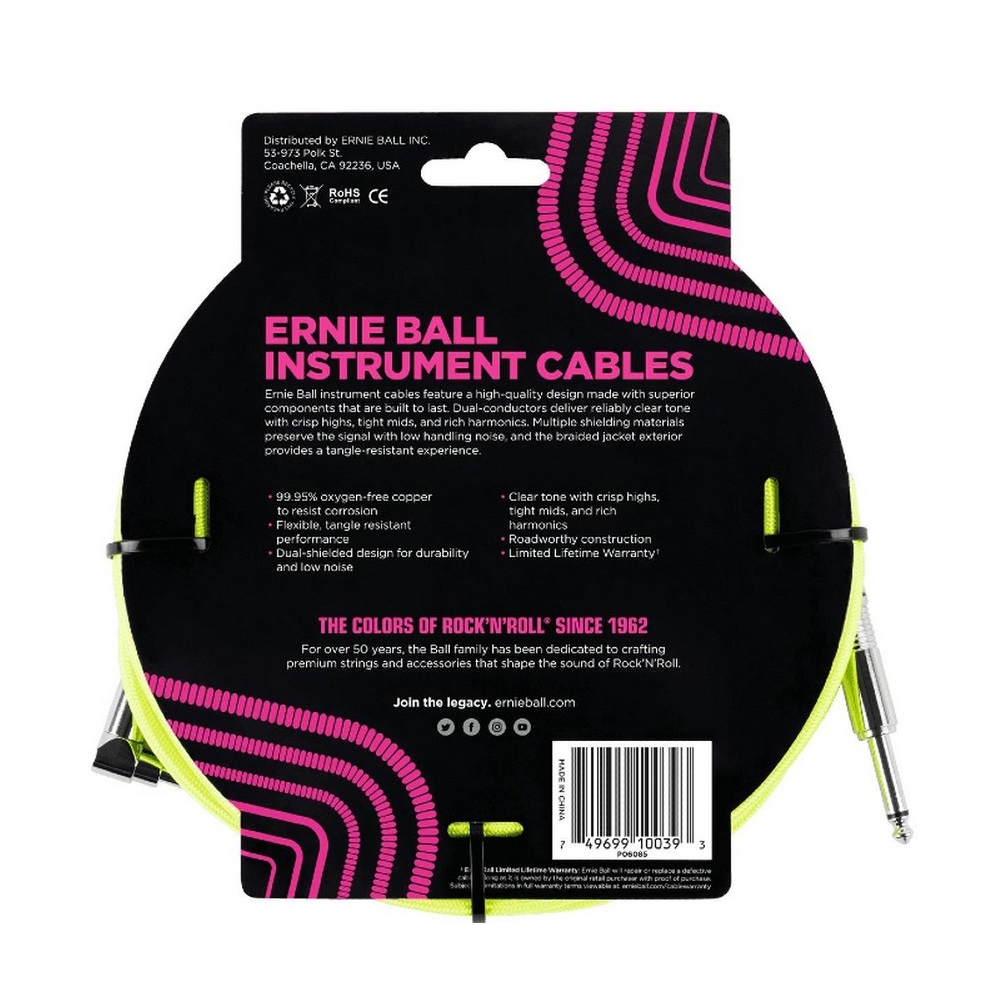 Ernie Ball 6085 18 ft. Braided Straight / Angle Instrument Cable (Neon Yellow)