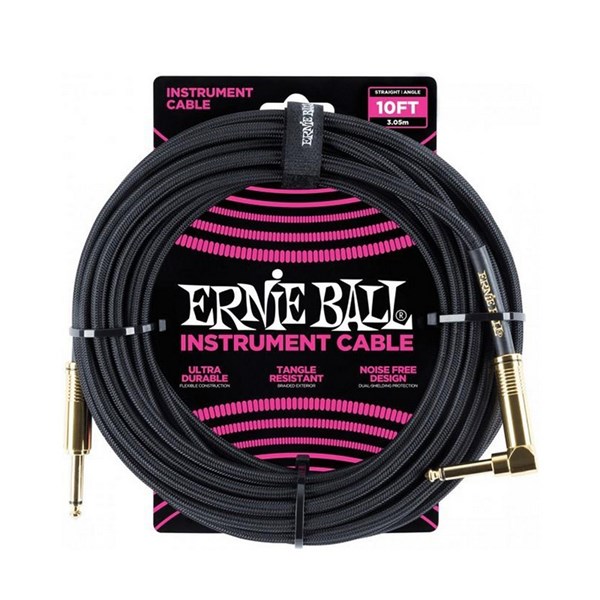 Ernie Ball 6081 Guitar Instrument Cable 10 ft. Braided Straight/Angle (Black)