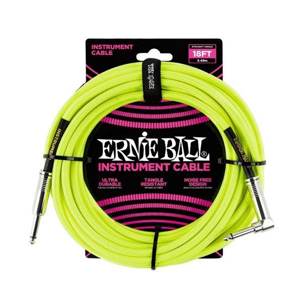 Ernie Ball 6085 18' Braided Straight / Angle Instrument Cable, Neon Yellow