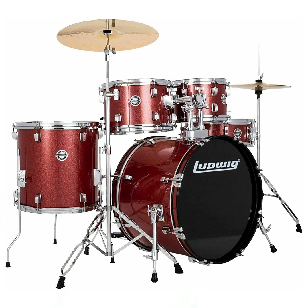 Ludwig Accent Drive 5-Pc Drum Set, Red Sparkle - Includes: Hardware, Throne, Pedal, Cymbals, Sticks & Drumhead