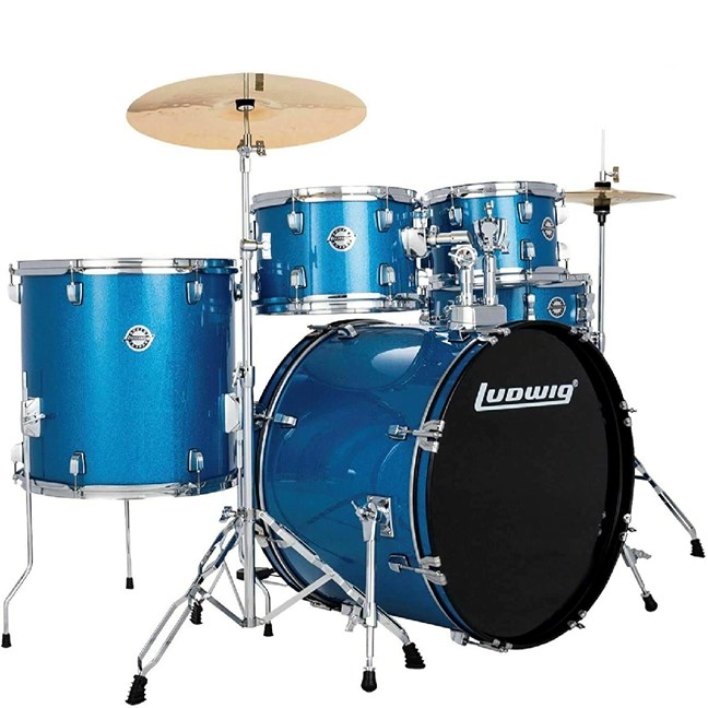 Ludwig Accent 5-piece Complete Drum Set with 22 inch Bass Drum and Wuhan Cymbals (Blue Sparkle)
