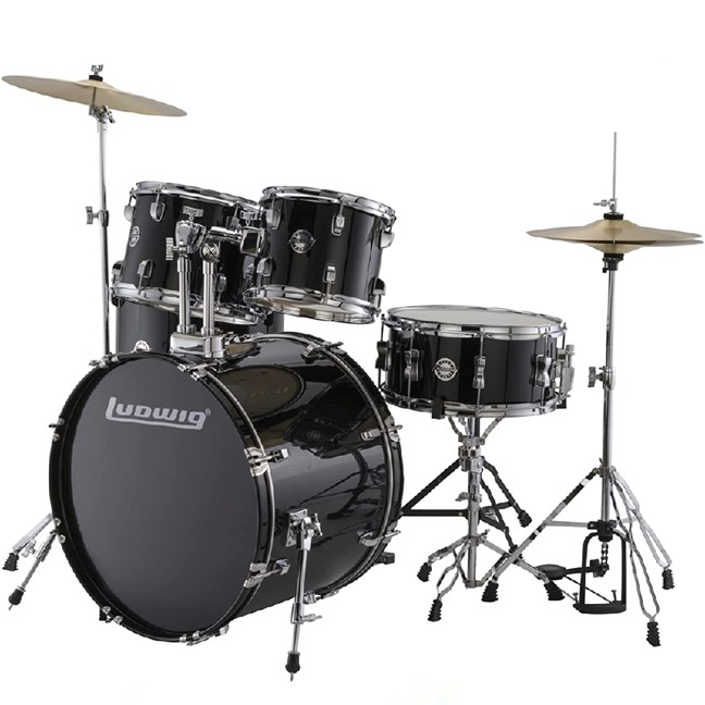 Ludwig Accent 5-piece Complete Drum Set with 22 inch Bass Drum and Wuhan Cymbals – BLACK SPARKLE