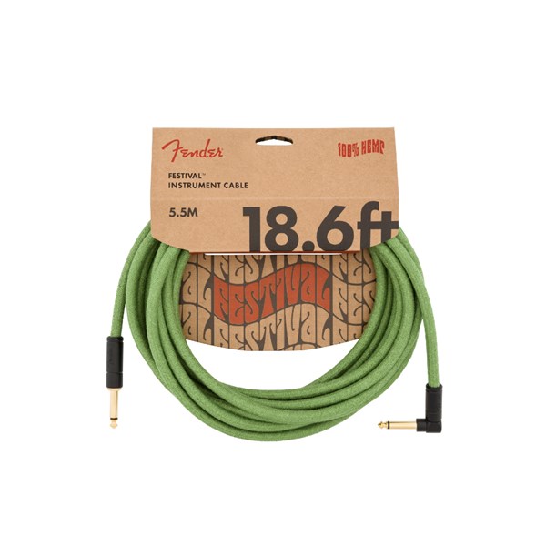 Fender Festival Hemp Straight to Right Angle Instrument Cable - 18.6 foot Green (0990918062)